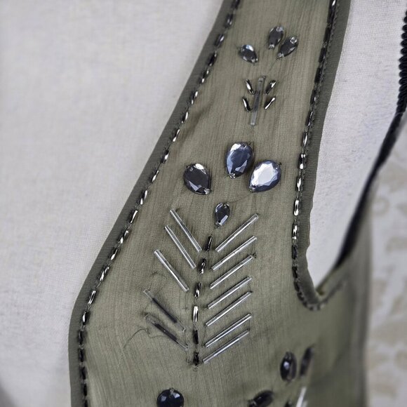 Bar III Size XS Olive Green Lightweight Vest Beaded Open Front Boho Festival - Picture 3 of 12